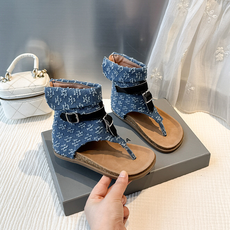 Denim Fashion Sandals 2025 Summer Style Versatile and Stylish Toe - clip Low - heeled Roman Beach Shoes