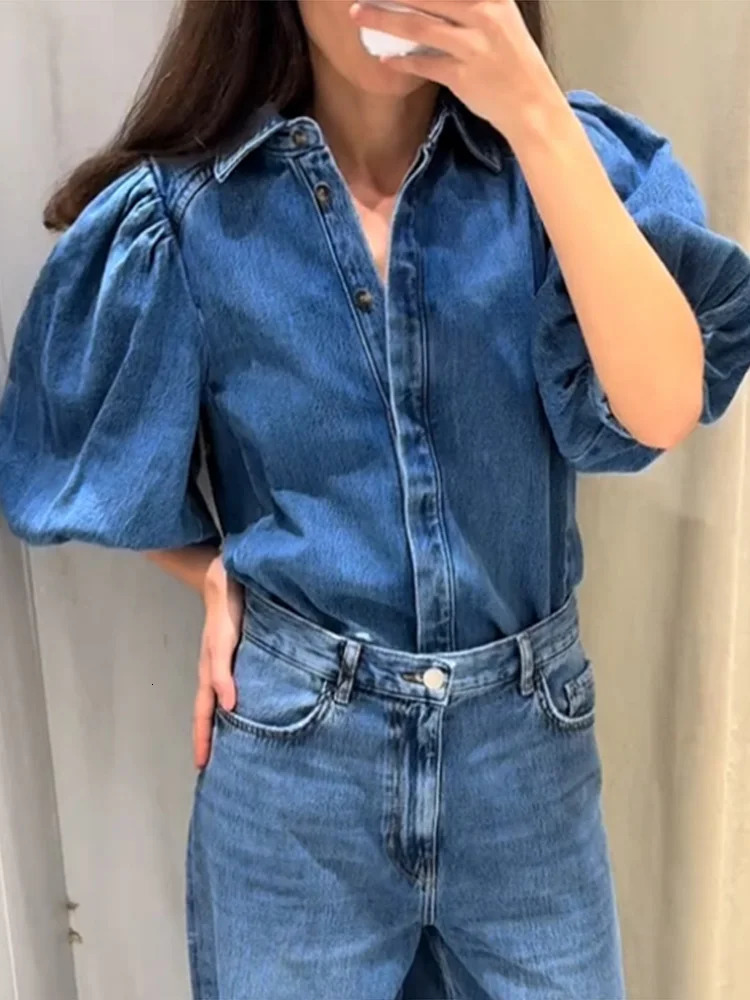 Street Denim Womens Shirt Solid Puff Half Sleeve Single Breasted Pleated Blouses Female 2025 Spring Summer Allmatch Streetwear 250704