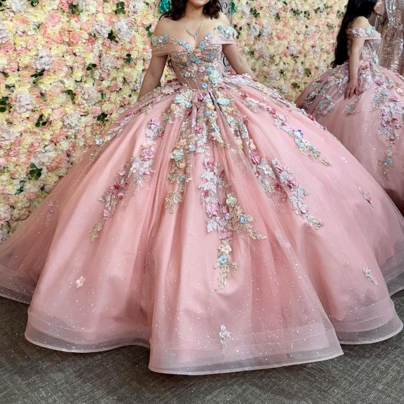 Pink Shiny Sweetheart Quinceanera Dresses Off Shoulder Applique Flower Beading Crystal Tull Sweet 16 Dress Vestidos De 15 Anos