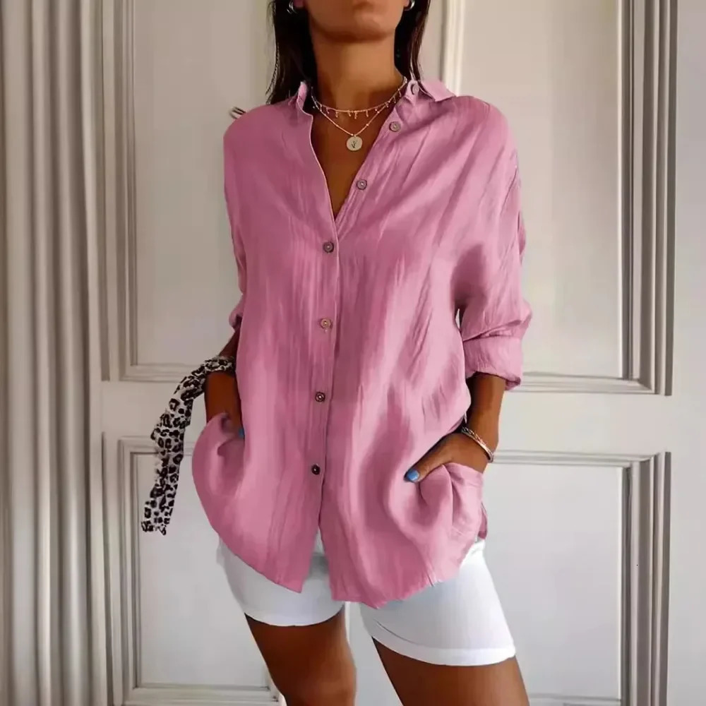 Womens Cotton Linen Casual Single-Breasted Pleated Lapel Shirt V Neck Button Shirt Loose Comfy Solid Retro Roll-up Sleeve Top 250708