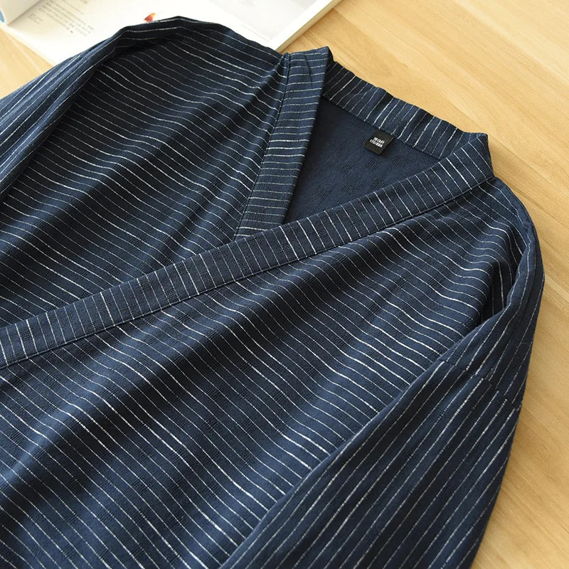 Spring And Summer Style Japanese Kimono Mens Bathrobe 100%Cotton Striped Nightgown Plus Size Yukata Home Sweat Steaming Set 250710