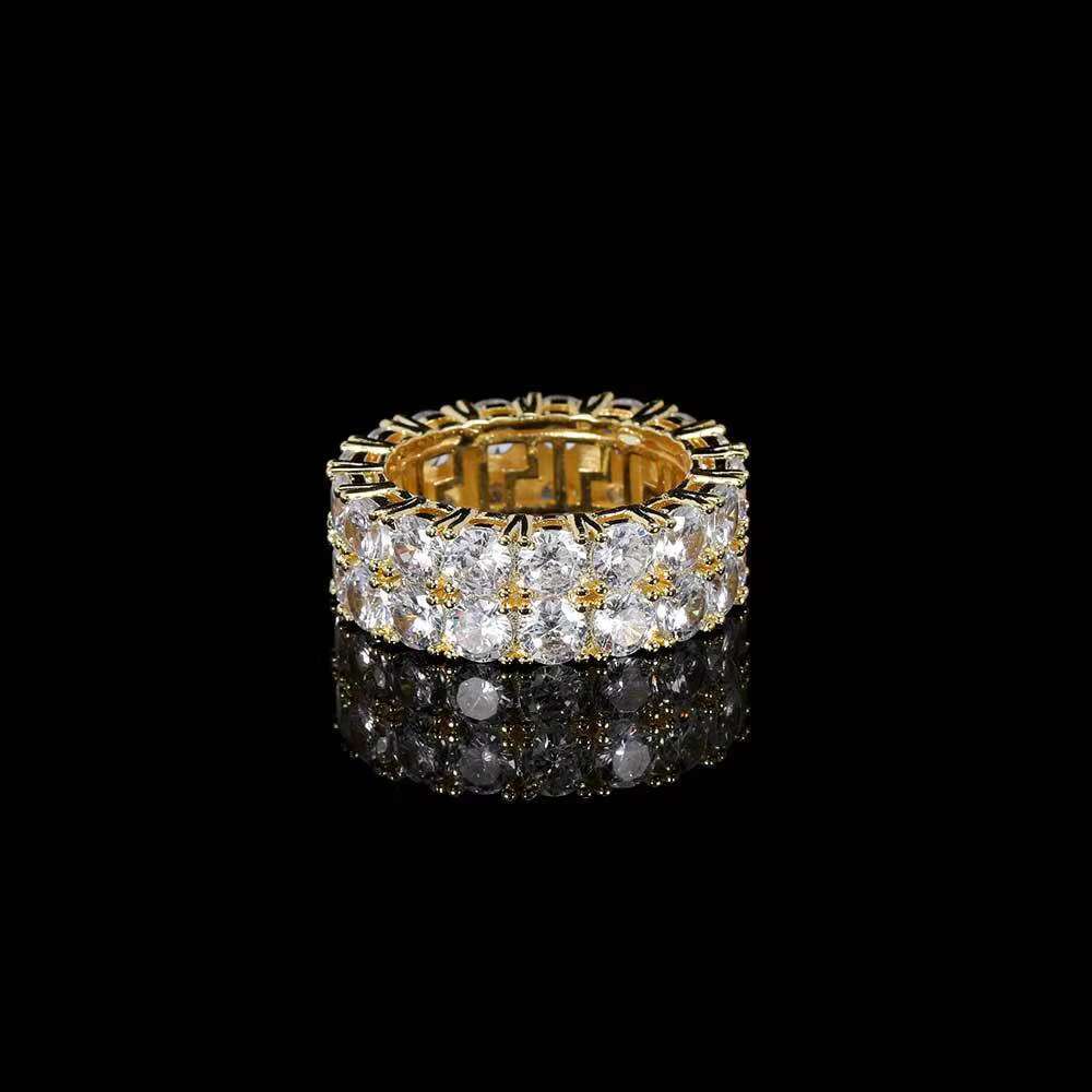 Hip Hop Jewelry Iced Out Diamond Ring Gold Plated Double Row 3A CZ Ring for Men