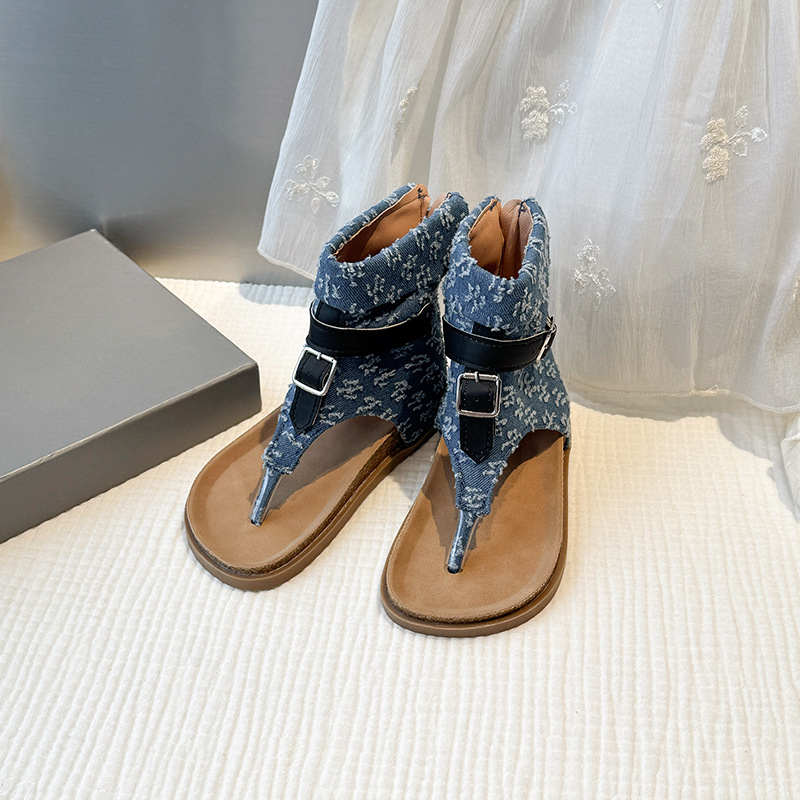 Denim Fashion Sandals new Summer Style Versatile and Stylish Toe - clip Low - heeled Roman Beach Shoes