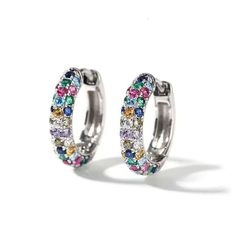 Dainty Full Paved Round Colorful Sparkling Cubic Zirconia Circle Earrings for Women Wedding Silver Plated Hoop Earrings