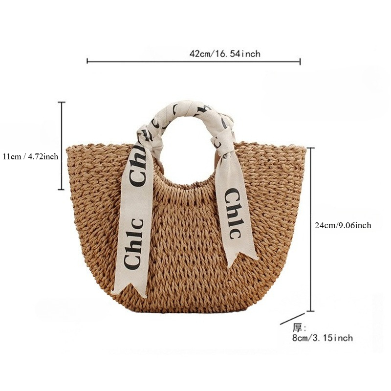 2025 Summer Straw Woven Bag Women Large Capacity Weaving Handbags with Scarf Handmade Knitted Ladies Shoulder Bag Beach Tote Bag