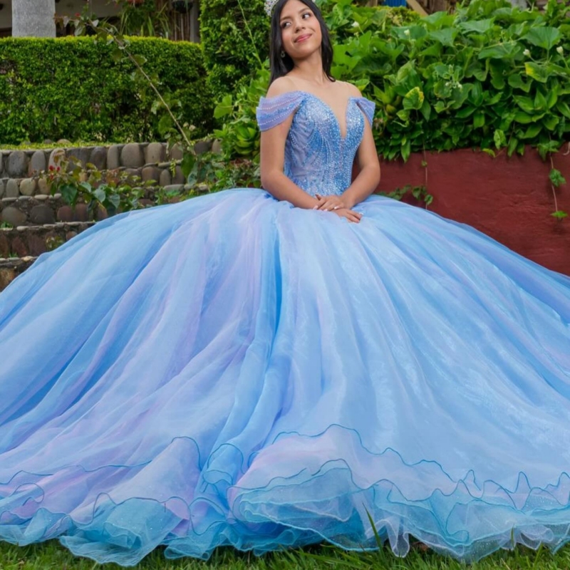 Blue Quinceanera Dresses Ball Gown Off The Shoulder Beading Crystal Tull Party Birthday Sweet 16 Dress Vestidos 15 Anos