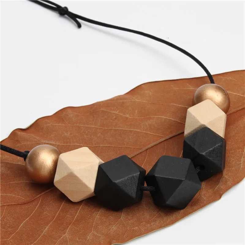 New Wood Geetric Necklace Painted Chunky Faceted Wooden Beads Ball Chunky ather Cord Brown Black Statent W250712
