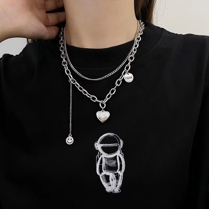 Luxury Jewelry Designer Jewelry Heart Double Layer Titanium Steel Necklace For Women, Ins Hip-hop Style Versatile Sweater Chain, Fashionable High-end 