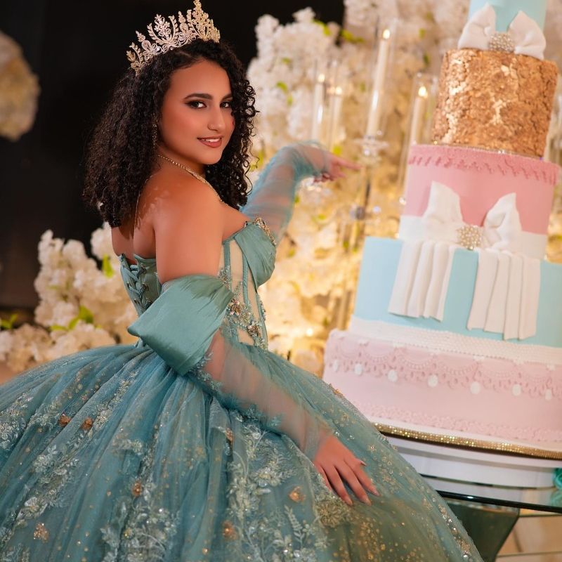Water Blue Quinceanera Dresses Ball Gown Off The Shoulder Applique Lace Beading Crystal Tull Corset Party Birthday Sweet 16 Vestidos 15 De Anos