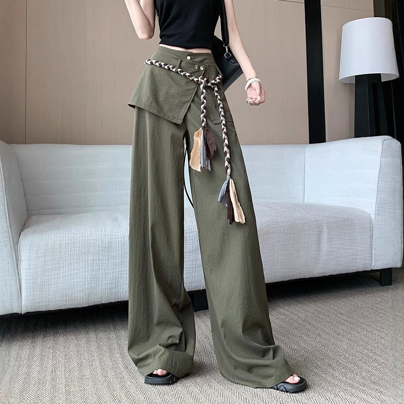Summer new women's pants with waistband rope curtain workwear wide leg pants new spicy girl high waisted loose fit floor length pants new designe