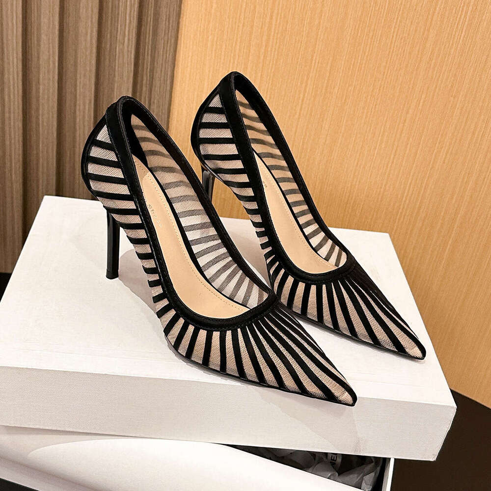 97035-18 Mesh High Heels Goddess Style New Pointed Toe Elegant Striped Single Fashion Stiletto Socialite Women's Shoes