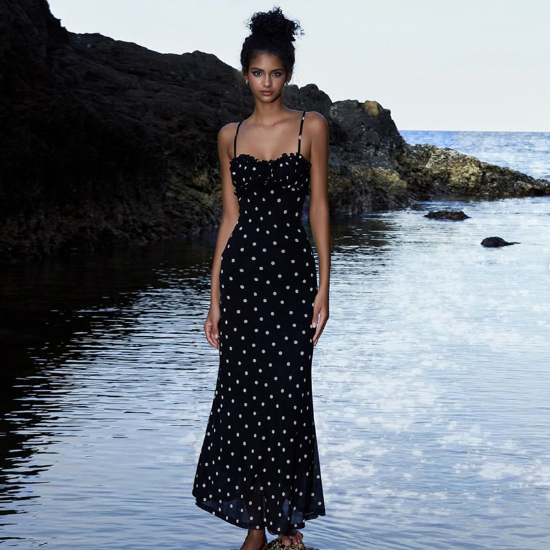 2025 Summer new women's skirt, new French lazy style, elegant slim fit, backless polka dot belt dress, new luxury designer women's skirt