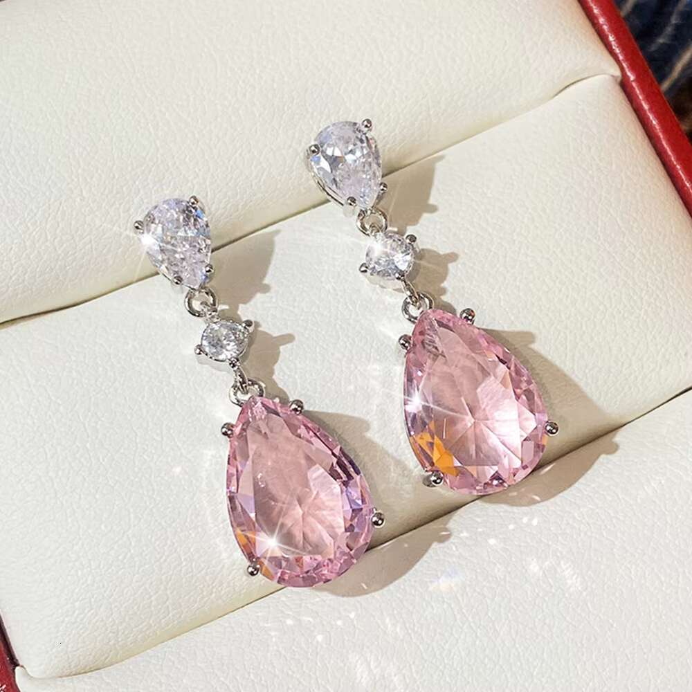 Temperament Sweet Pink Pear Design Cubic Zirconia Earrings Silver Plating Women Engagement Party Fashion Drop Earrings