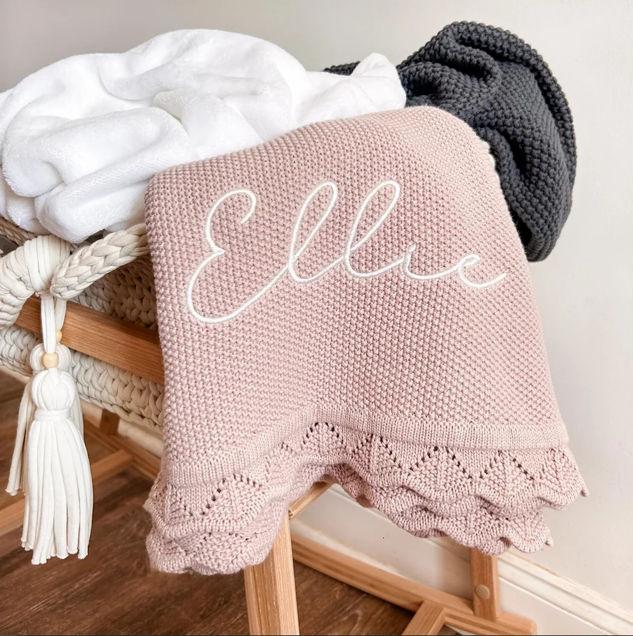 Personalized Knitted Blanket for Baby Boy Or Girl Soft Breathable Embroidered Name Blanket Baby Shower Stroller Birthday Gift 250708