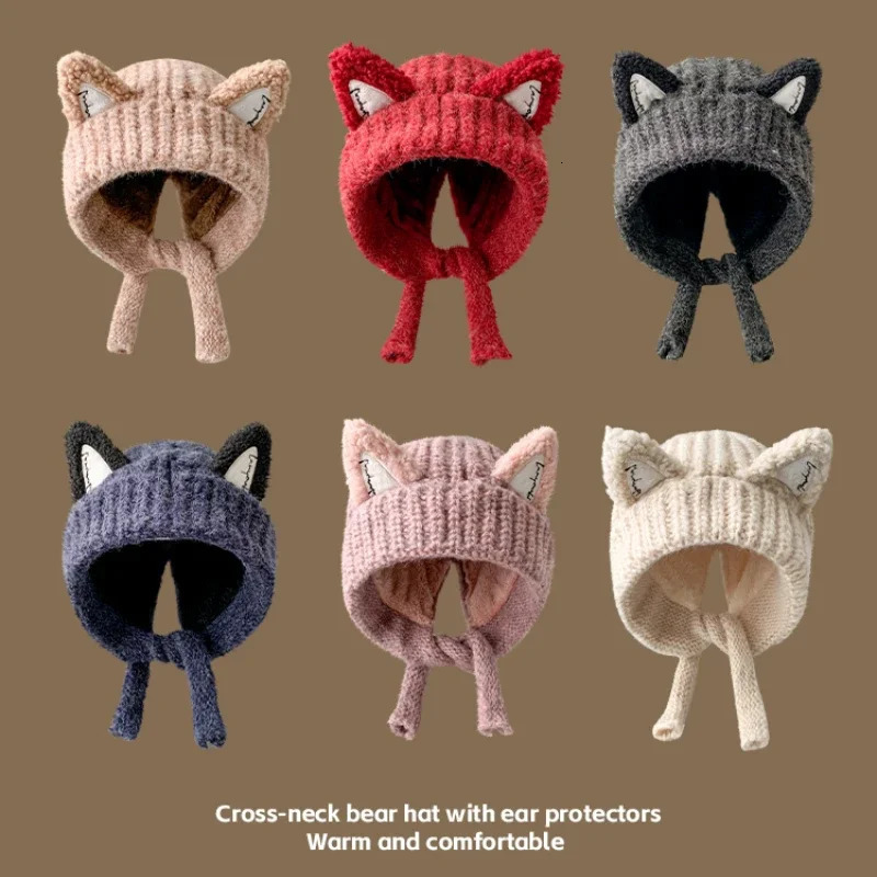 Japanese Cute Fox Ears Pullover Y2K Hats for Women and Men Winter Outdoor Leisure Warm Versatile Ear Protection Beanies Cap 250712