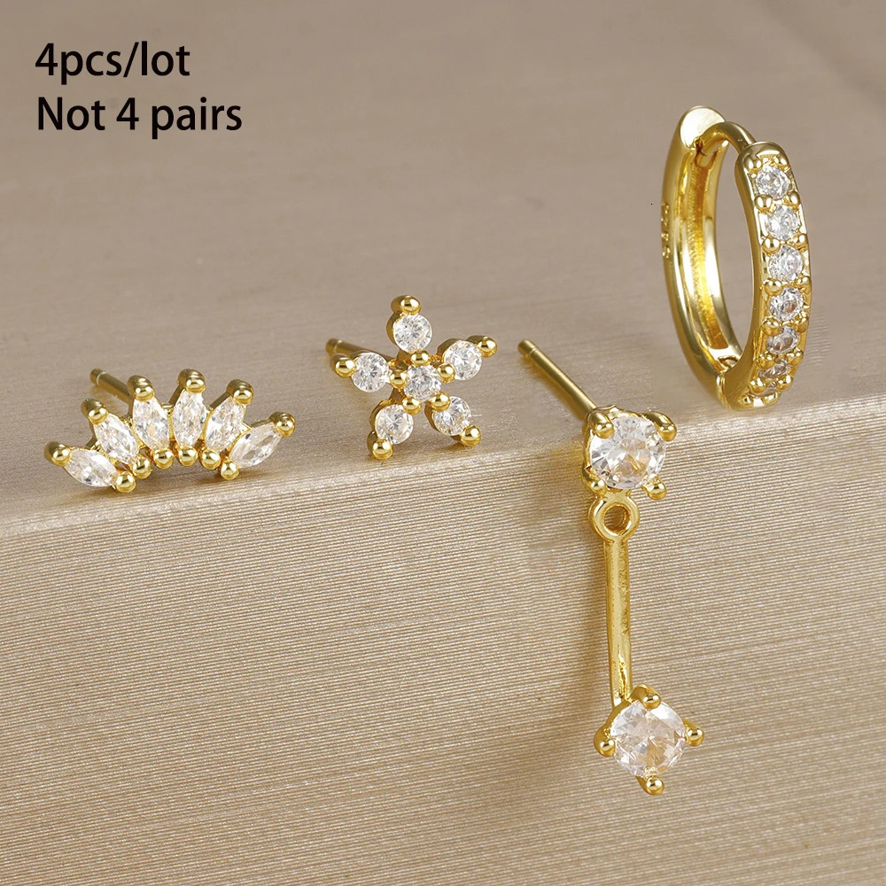 4PCS Stainless Steel Circle Huggie Hoop Earrings Set for Women Gold Color Unique Zircon Flower Stud Earring Piercing Jewelry 250708