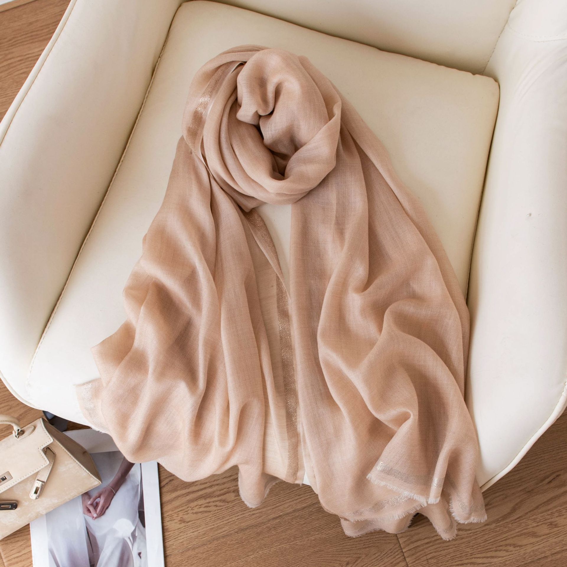 K1333 Light luxury wool scarf 100% spring and summer thin scarf female gold edge tassel solid color shawl high-end sense to send customers