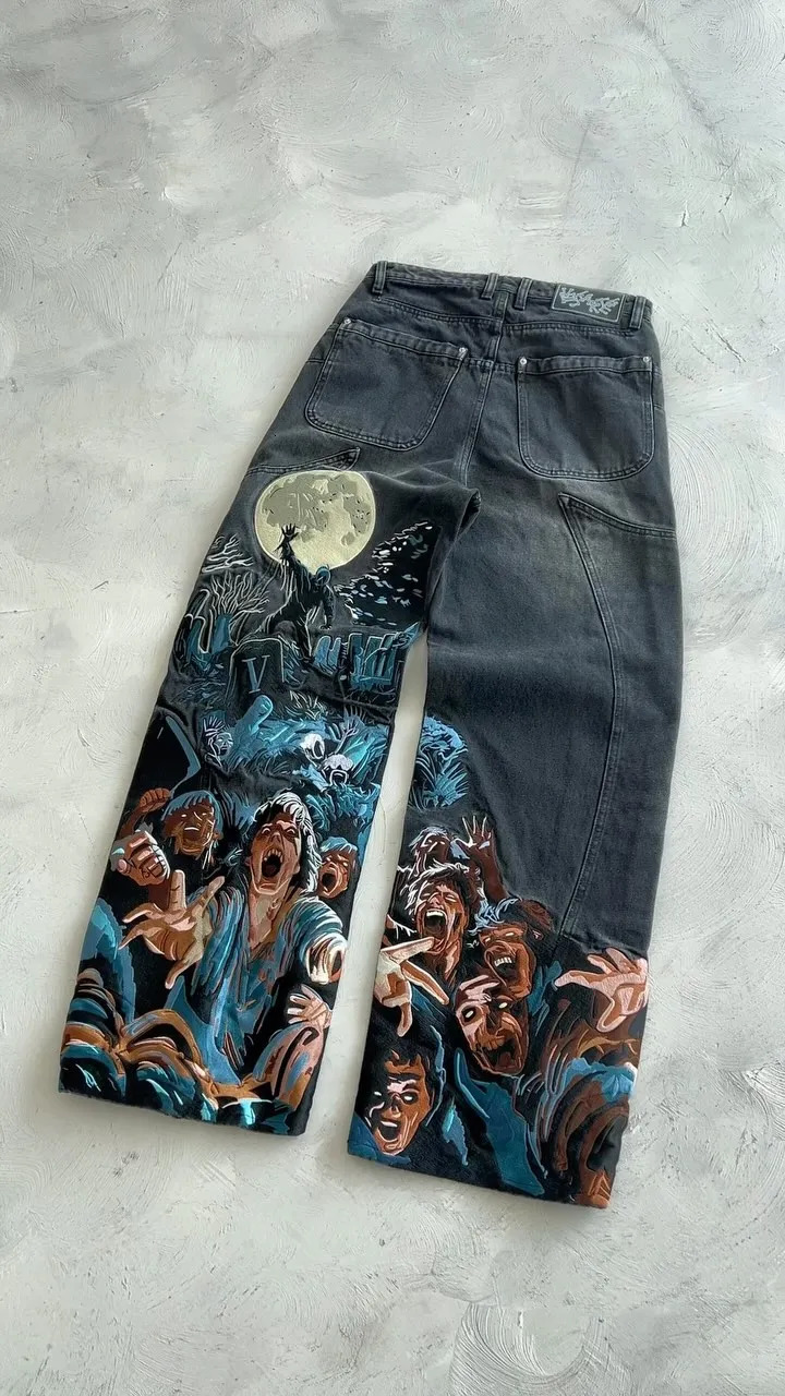 Thriller Zombie Full Embroidery Hip Hop Punk Jeans Men Women High Waist Straight Wide Leg Denim Pants Y2k Retro Baggy Jeans 250708