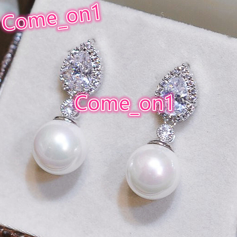 Elegant Bride Pendant Pear Cut Earrings Wedding Engagement Cubic Zirconia Silver Color Pearl Earrings for Women