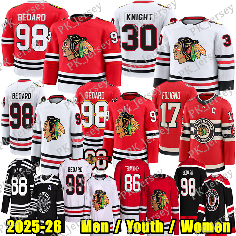 #98 ConnorS Bedard chicago hockey jersey blackhawksS jersey #55 Artyom Levshunov Frank Nazar Spencer Knight Teuvo Teravainen Anton Frondell Jason Dickinson jerseys