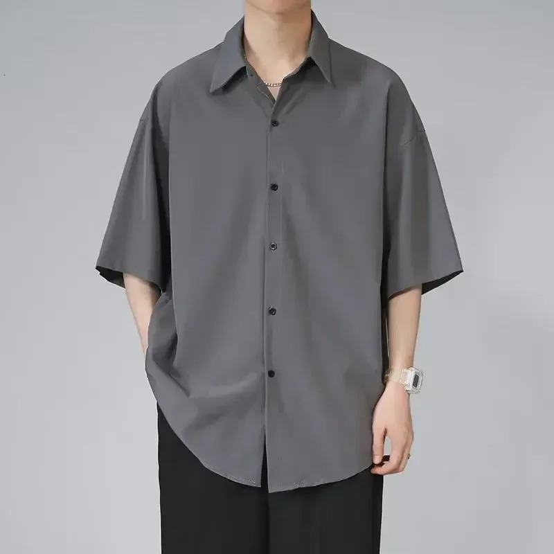 Mens Ice Silk Short Sleeve Shirt Casual Loose Fit Korean Style Trendy Black Shirt For Summer Thin Sleeve Casual 250707