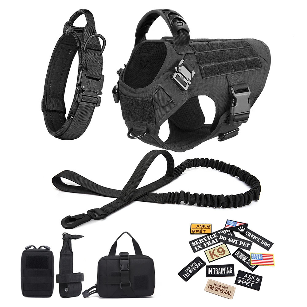Military Large Dog Harness Collar Leash Bags Patches Set Pet Malinois Training Vests Tactical Dogs Harnesses Accessories 250709