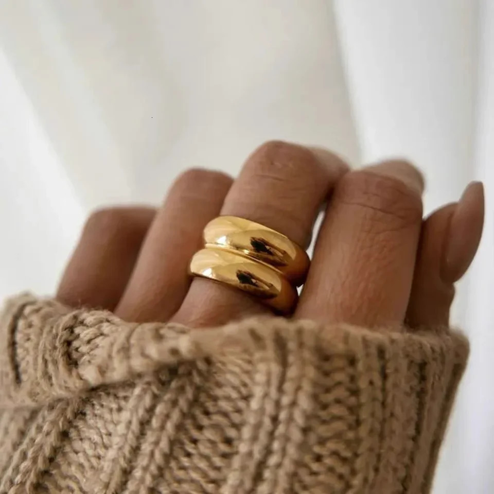 MHS.SUN Unisex Double Layer Gold Plated Wide Rings Fashion Stainless Steel For Women Men Smooth Chunky Jewelry Waterproof 250708