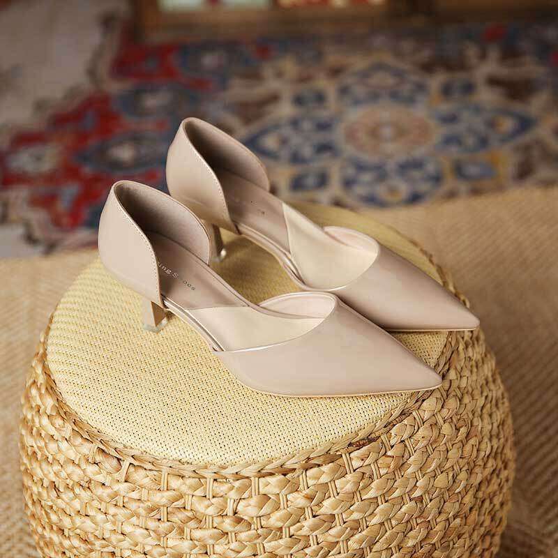 699-1 New French Style Hollow Stiletto Nude Patent Leather Pointed High Heels for Women Outdoor Wear Size 35-43