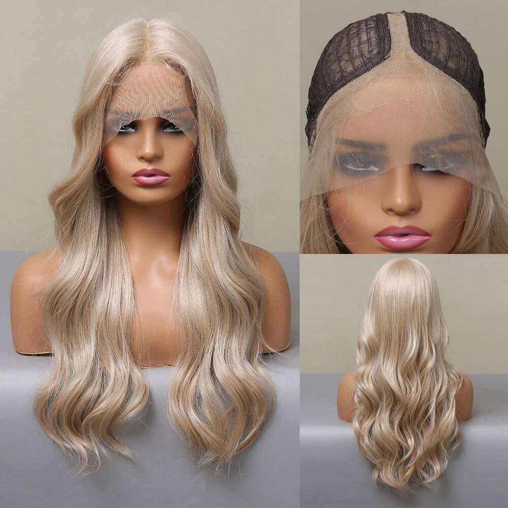HENRY MARGU Natural Wavy Synthetic Pre Plucked Blonde Long Daily Lace Frontal Hair Wig for Women Cosplay Heat Resistant