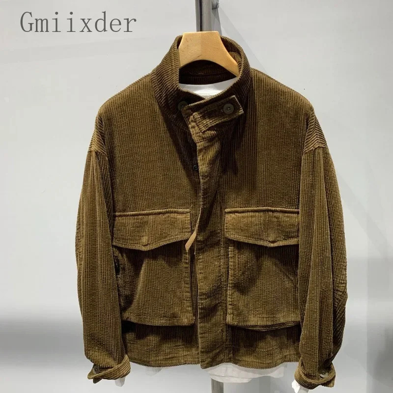 Corduroy Zipper Cargo Pocket Jacket Mens Spring Autumn Versatile Large Pocket Workwear Coat Loose Casual Mens Preppy Jacket 250708