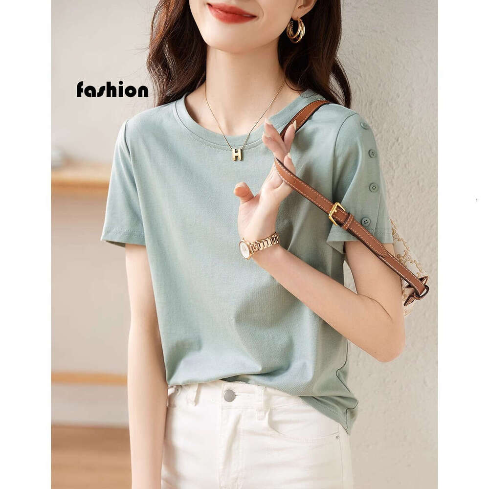 100% Cotton Mint Green Button Short Sleeve T-Shirt For Women Summer New Simple Fashion Commuter Solid Color Plus Size Top B5 h7