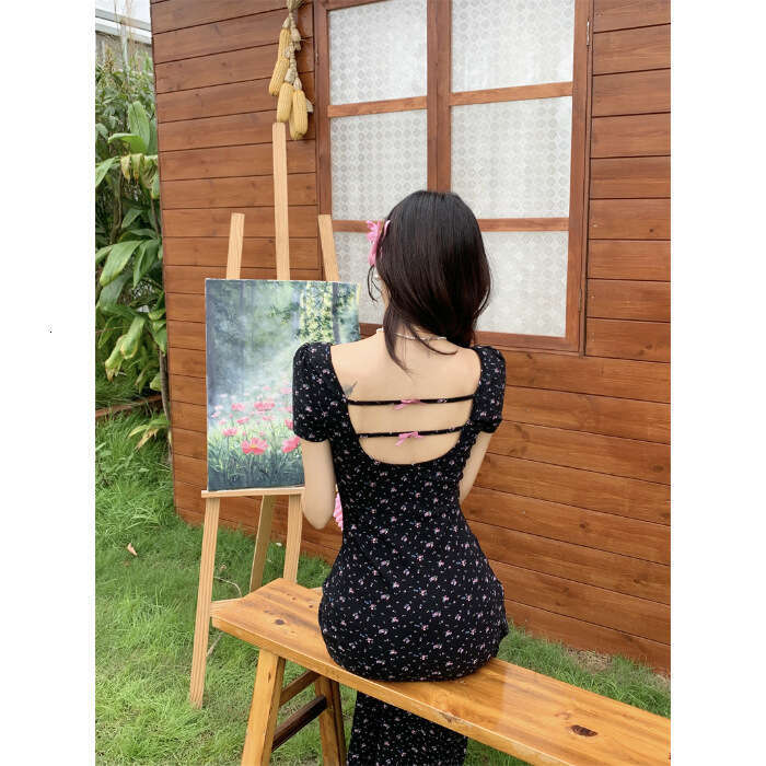 French Style Petite Black Floral Women's Summer New Design Sense Pear-Shaped Body Long Dress B5