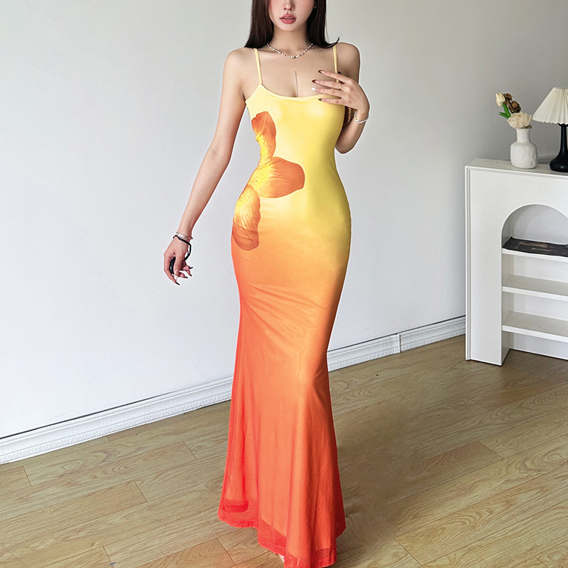 2025 New Women's Dress Summer Women's Fashion Pure Desire Sexy Style 3D Gradient Color Flower Mermaid Tight Dress New Designer Dress