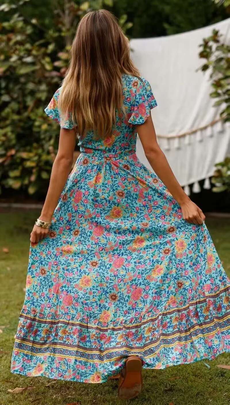 Happie Queens Women Floral Print Bat Sleeve Beach Bohemian Maxi Dress Ladies Sashes Boho Wrap Dresses Robe Bikini Cover-ups dongdumaoyi