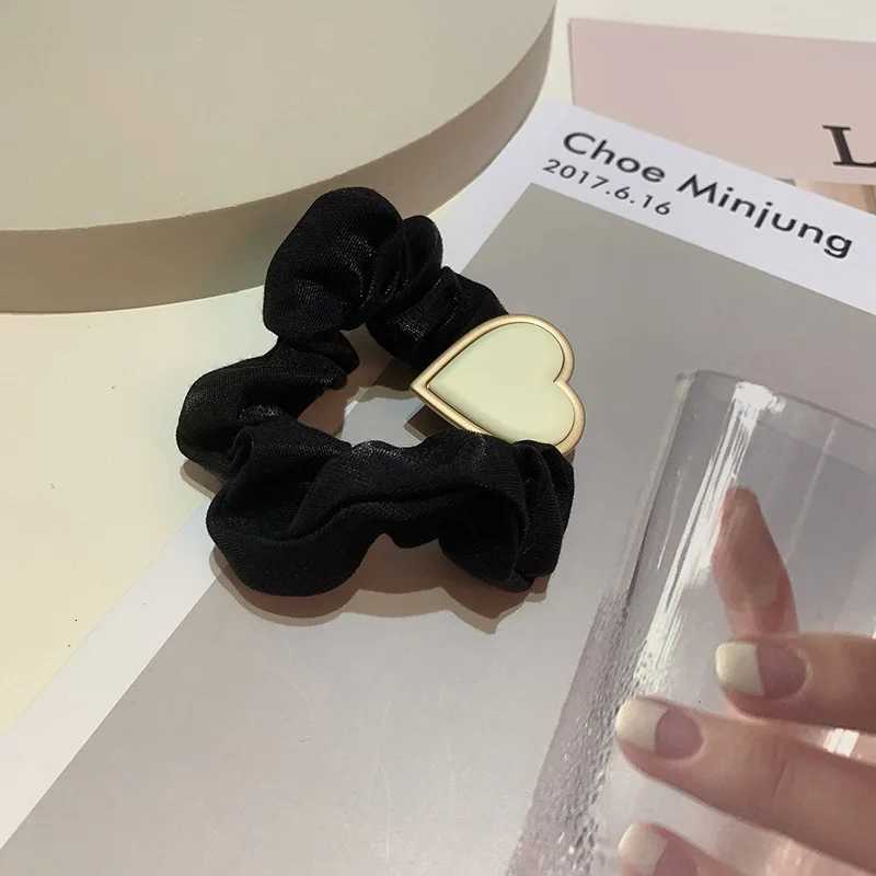 Shiny Heart-shaped Silk Hair Ties Ponytail Holders Hair Accessories Heart Shape Pearl Chiffon Bow Elastic Hair Band Wholesale W250714C