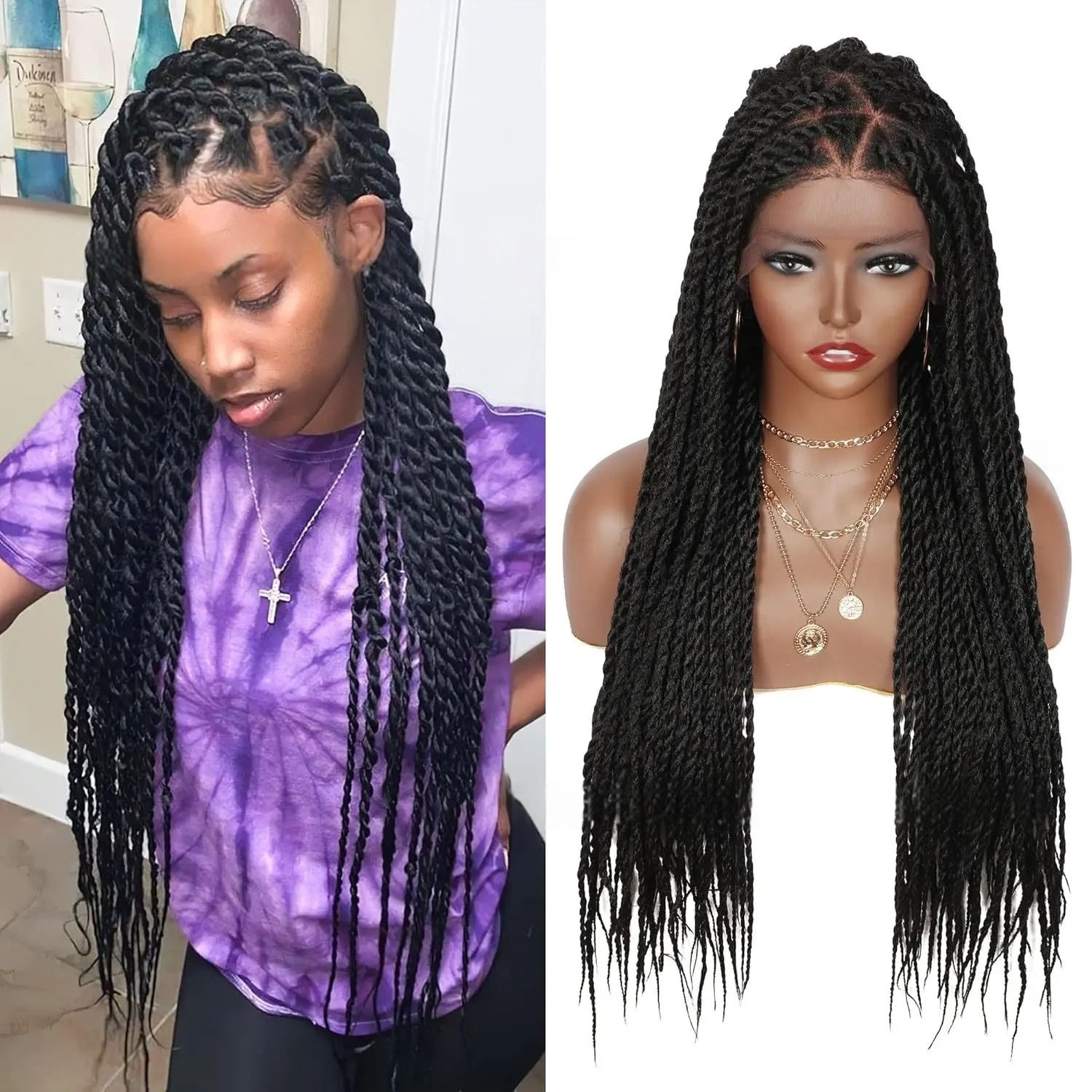 24 Inch Braids Wig Light Brown Simulation Human Hair Boho Box Full Lace Front Wig Heat Resistant Synthetic Braided Wig for Women Long Bohemian Wigs Tw