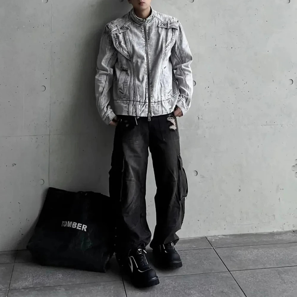 American High Street Fashion Retro Y2k Coat Spring And Autumn Motorcycle Heavy Industry Stitching Washed Denim Jacket Men 250708