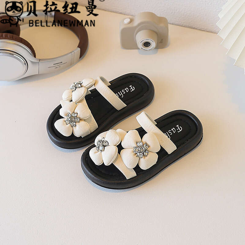 Choice Children's French Style Floral One-Strap Sandals 2025 Summer New Thick-Soled Rhinestone Slippers for Girls