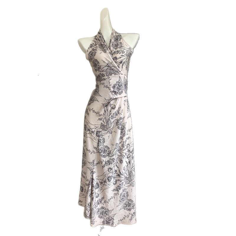 2025 New women's dress, new fashionable Chinese style printed cross strap sleeveless dress, Chinese ink painting style, new designer dress