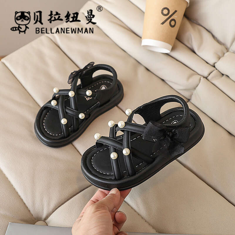 Girls' Fashion Pearl Princess Sandals 2025 Summer New Children's Silver Roman Big Kids Soft Sole Beach Shoes