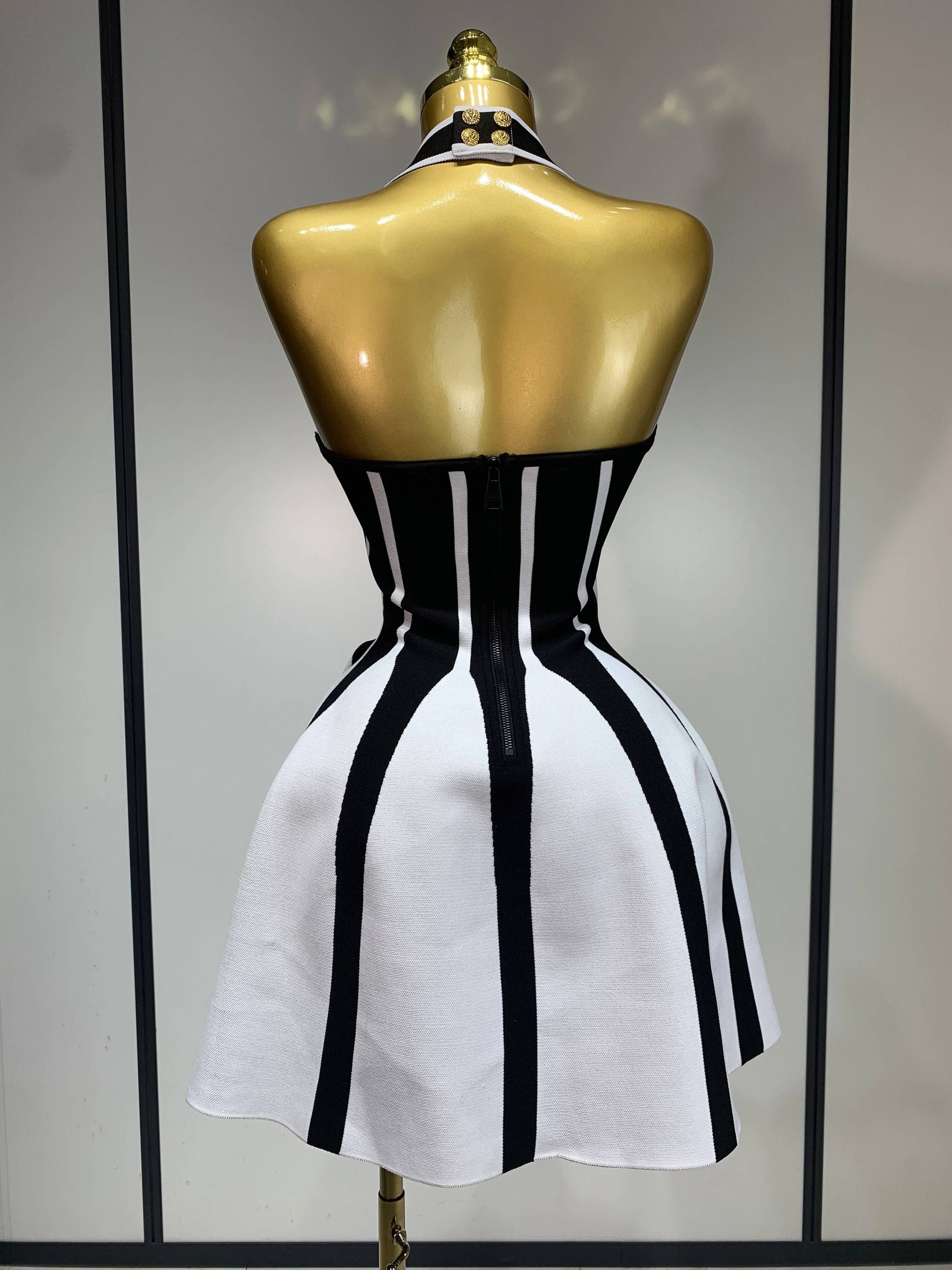 Women Sexy Backless Black White Stripes Halter Bandage A Line Short Celebrity Elegant Evening Party Holiday Club Dress dongdumaoyi