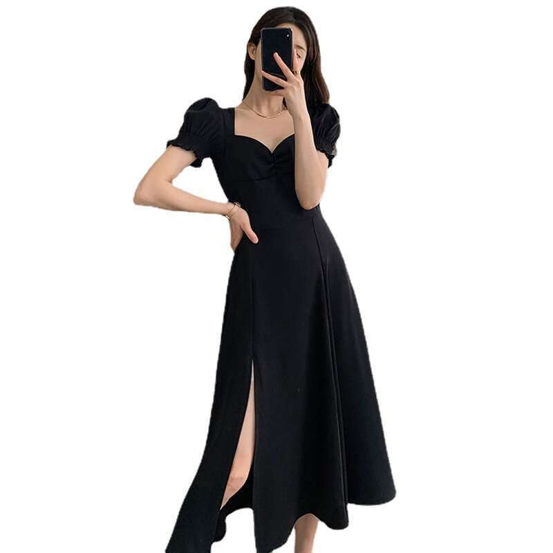 Square Neck Puff Sleeve Slit Black Women's Summer New French Design Sense Niche Long Dress B5