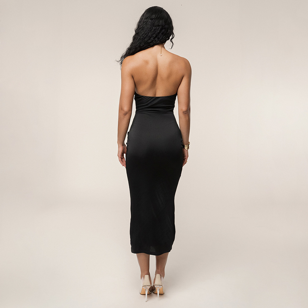 Ins Style 2025 Summer Halter Neck Hollow Out Dress Sexy Fashion Slim Fit Solid Color Deep V Long Dress 250313