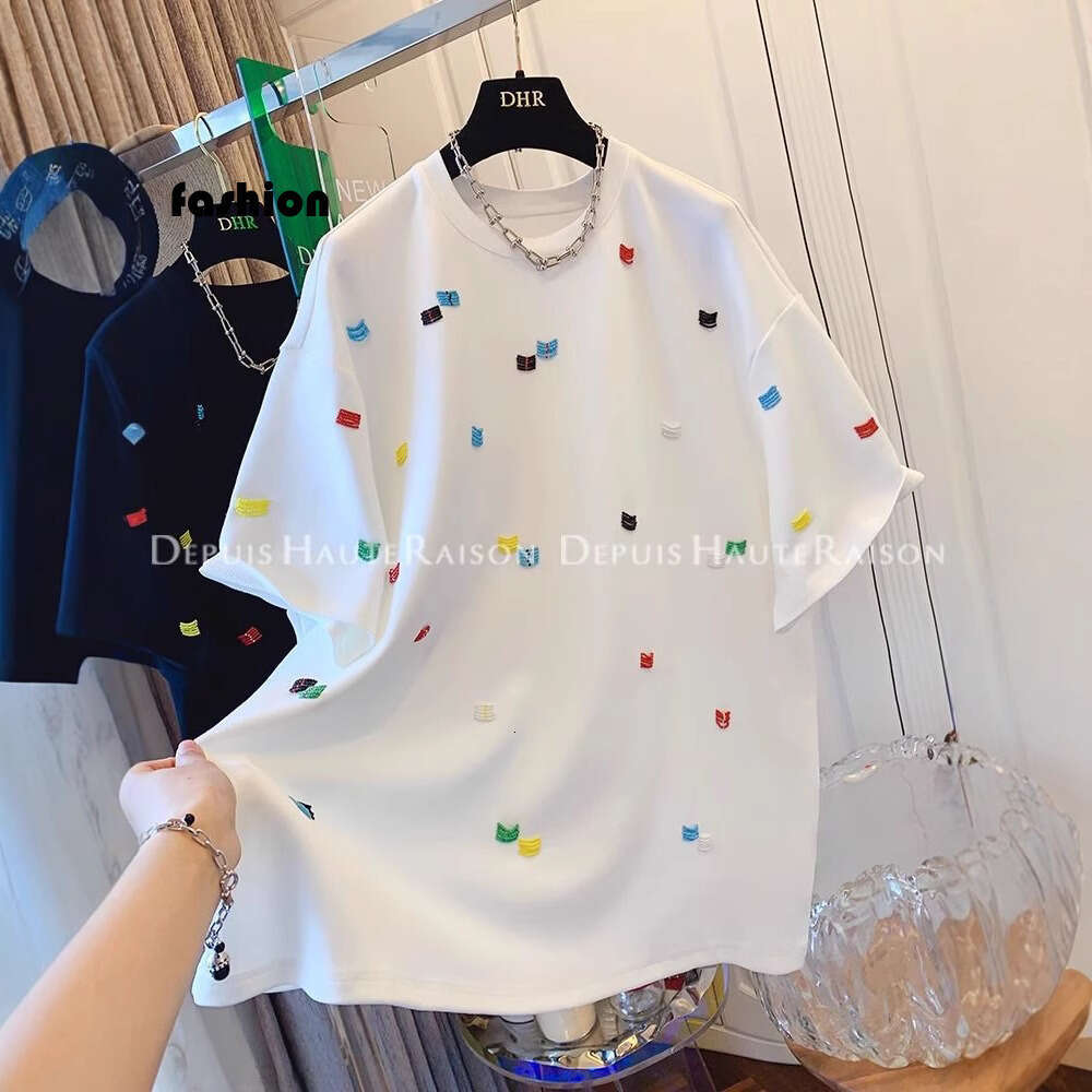 Summer Regular Shoulder Short Sleeve Unique Korean Style Embroidered Top Niche Design Loose Plus Size Women's T-Shirt B5 h7