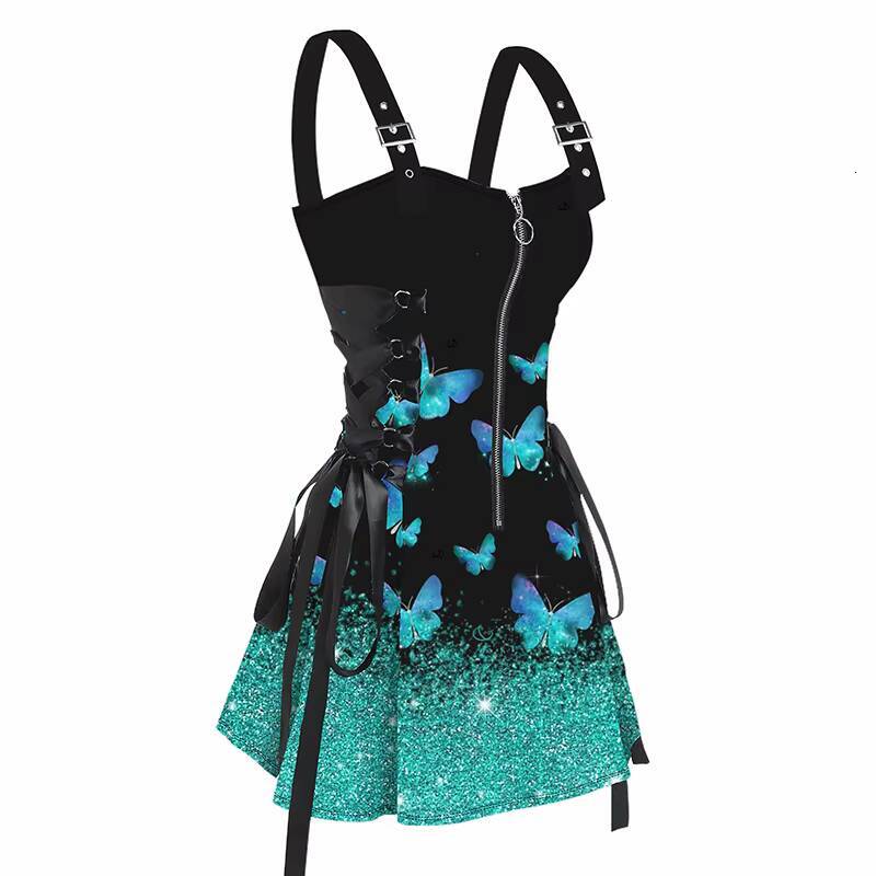 Dressfo 2025 Womens Sexy Sleeveless Dresses Shiny Butterfly Print Lace Up Half Zipper Buckle Strap Mini Dress Vestidos dongdumaoyi
