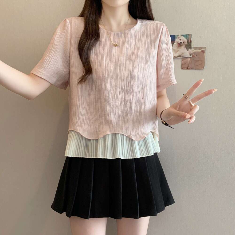 Plus Size Gentle Ruffled Patchwork Short Sleeve T-Shirt For Women Summer New Korean Style Regular Shoulder Design Niche Top B5 h7