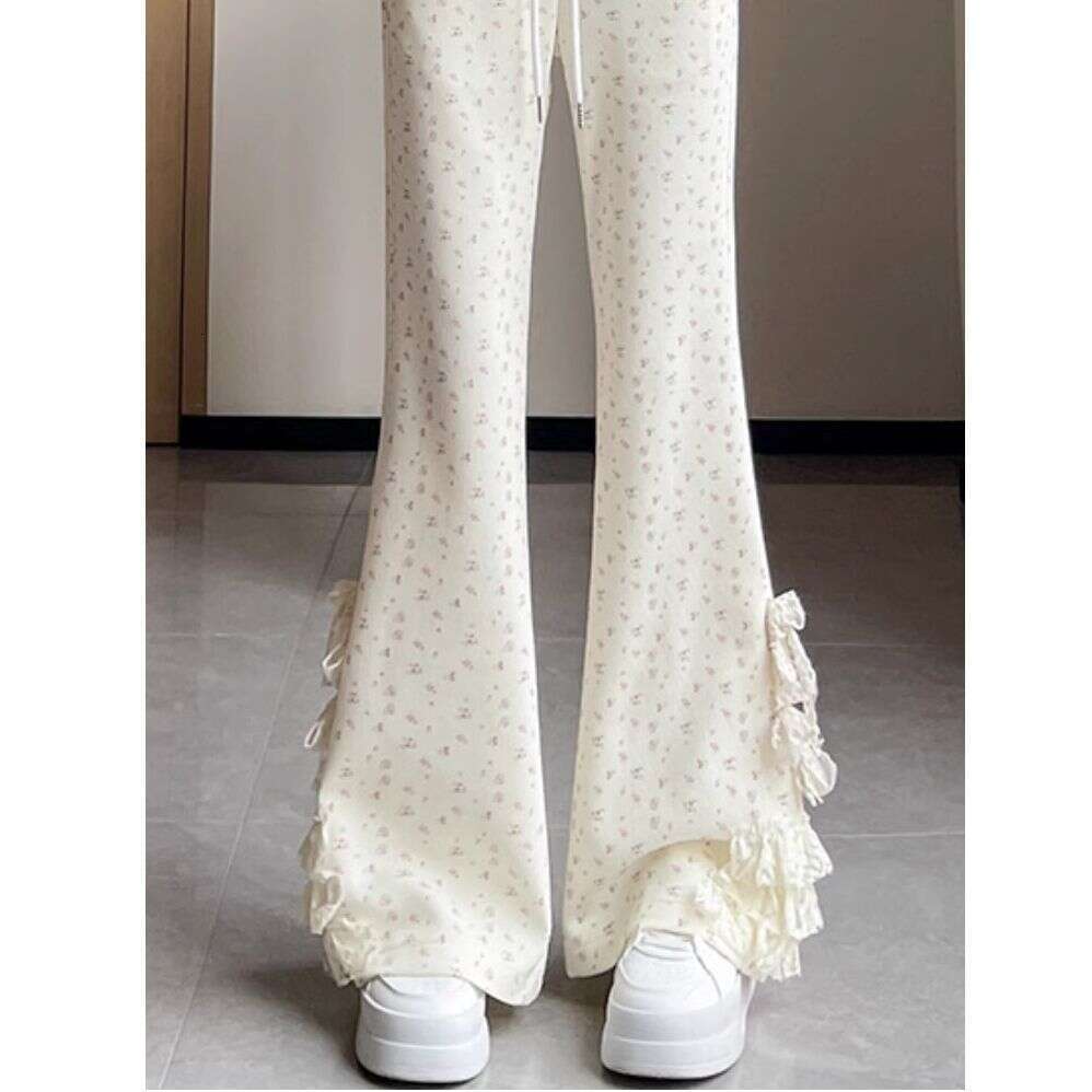 Summer New Lace Floral Flared Women Versatile Slimming Casual Bell Bottom Bowknot Wide Leg Long Pants B5