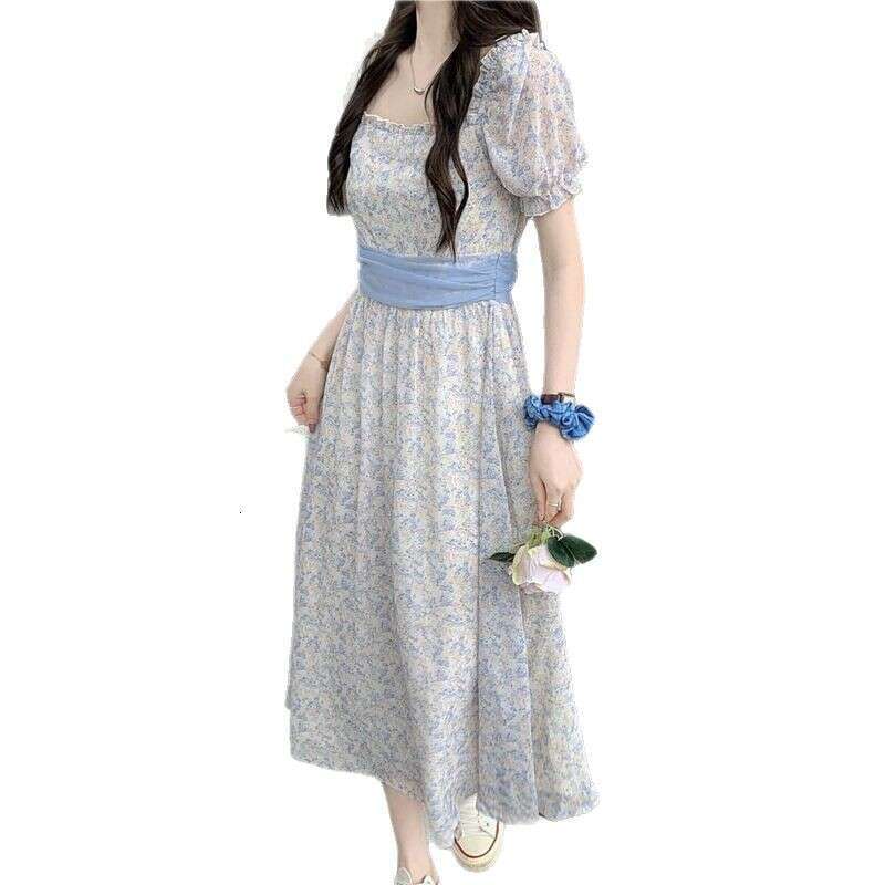 Gentle Style Floral Short For Women Summer New Waist Slimming Tie Bubble Sleeve Long Dress B5
