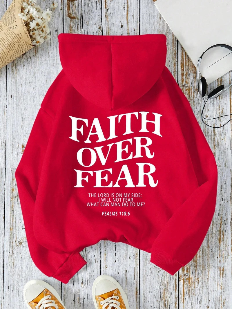Casual Womens Hoodies Faith Over Fear Letter Printing Sweatshirts Fleece Warm Comfortable Pocket Pullovers Autumn Streetwear 250707