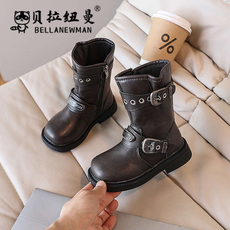 Girls' Fashion Leather 2024 Autumn New Big Kids Knight Mid-Calf Children's British Style Martin Boots